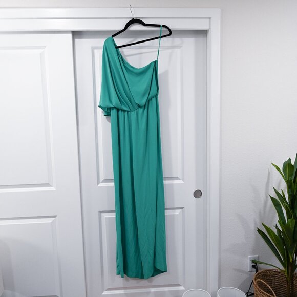 BCBGMaxAzria Size 8 Teal Green One Shoulder Drape Jumpsuit - Picture 2 of 10